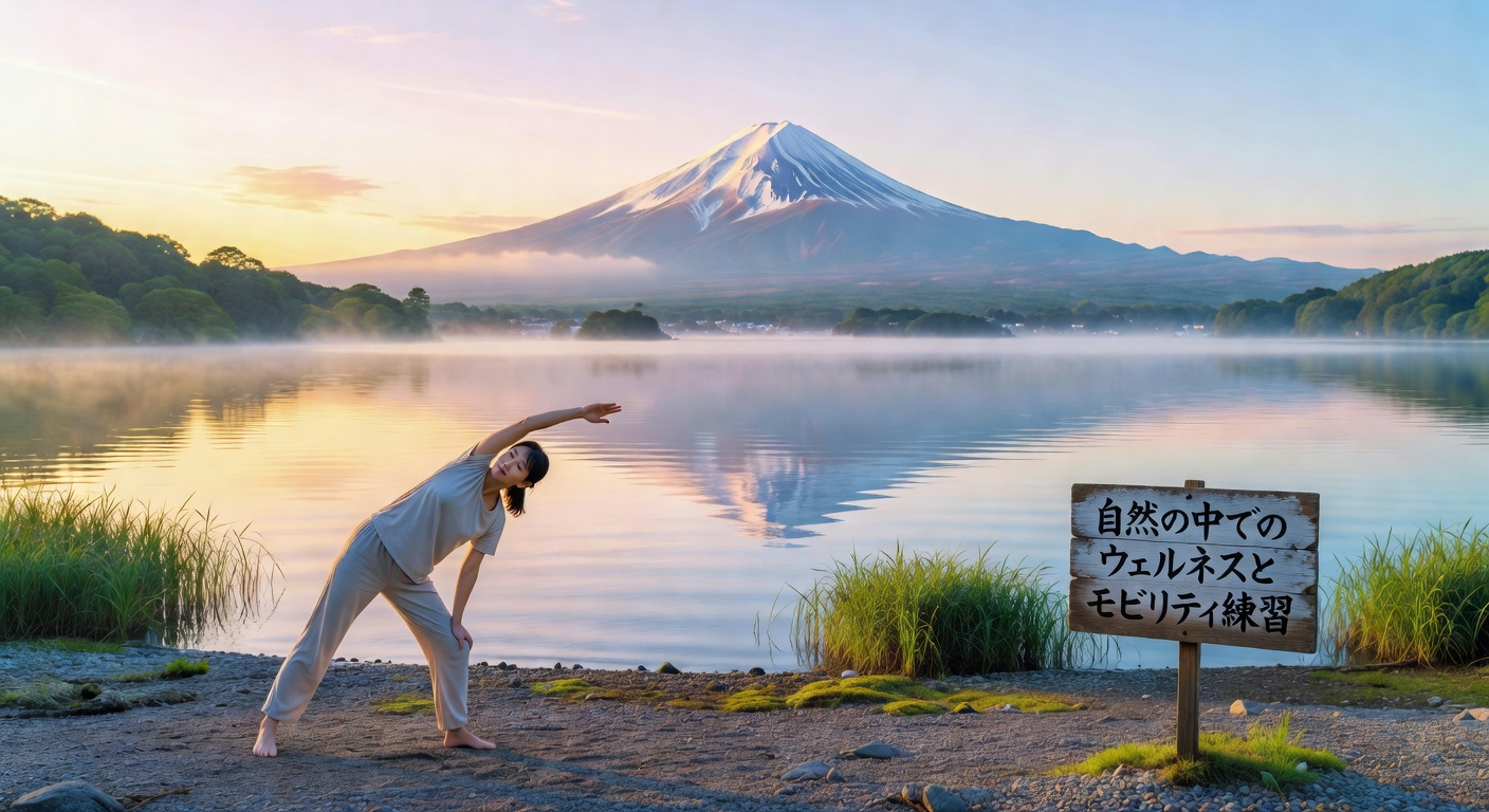 富士山の湖畔でのストレッチ